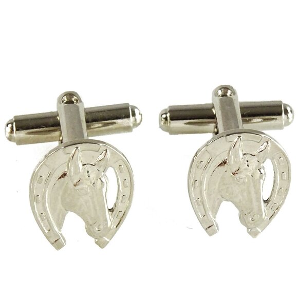 Small Vintage Equestrian Cufflinks Horse Head in Horseshoe - Picture 1 of 2